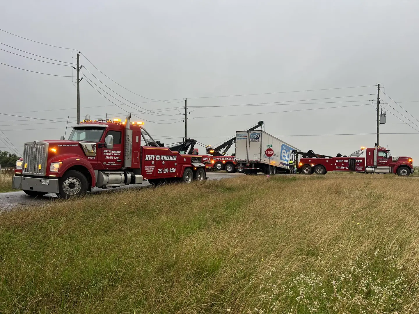 290 Wrecker Service fleet performing semi-truck recovery near West Houston TX